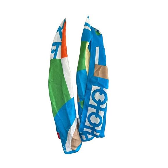 Oscar De La Renta Silk Scarf Womens Geometric Blue Oblong 11" x 51" Rectangle - Picture 1 of 7